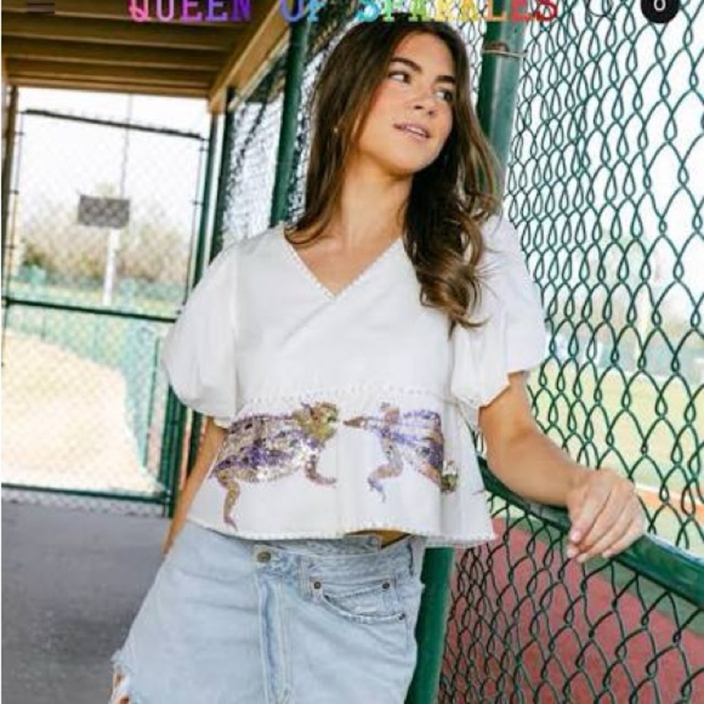 Queen of Sparkles White and Purple Sequin Blouse TCU Horned Frogs Small